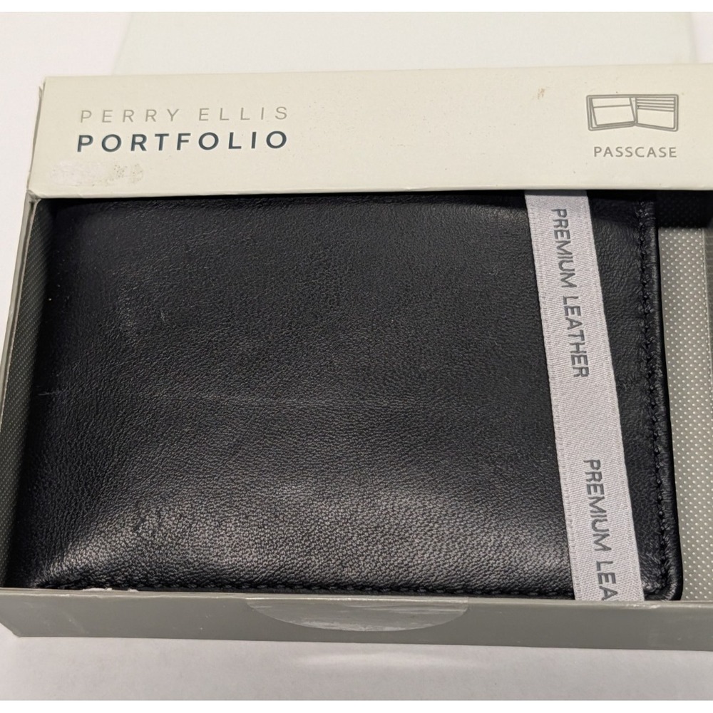 Perry Ellis Portfolio Passcase Leather Bifold Wallet Black Macy's NWT